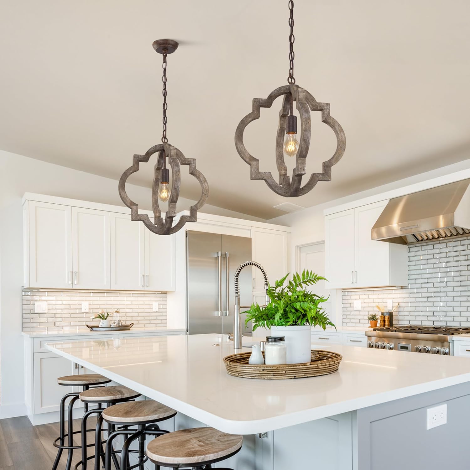 LOG BARN Farmhouse Pendant Lights Kitchen Island, 16'' Orb Distressed Wood Pendant Light Fixtures, Rustic Large Kitchen Pendant Lighting Over Island