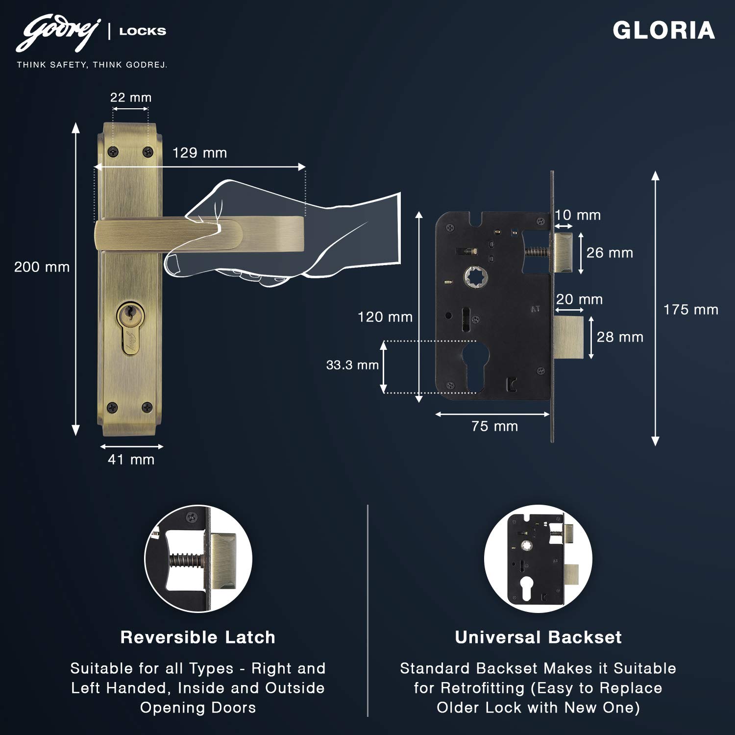 Godrej Locking Solutions and Systems Gloria Antique Brass Door Handle with Lock Set 2C for Home and Office Entrance Door (200 mm, Gold) 3