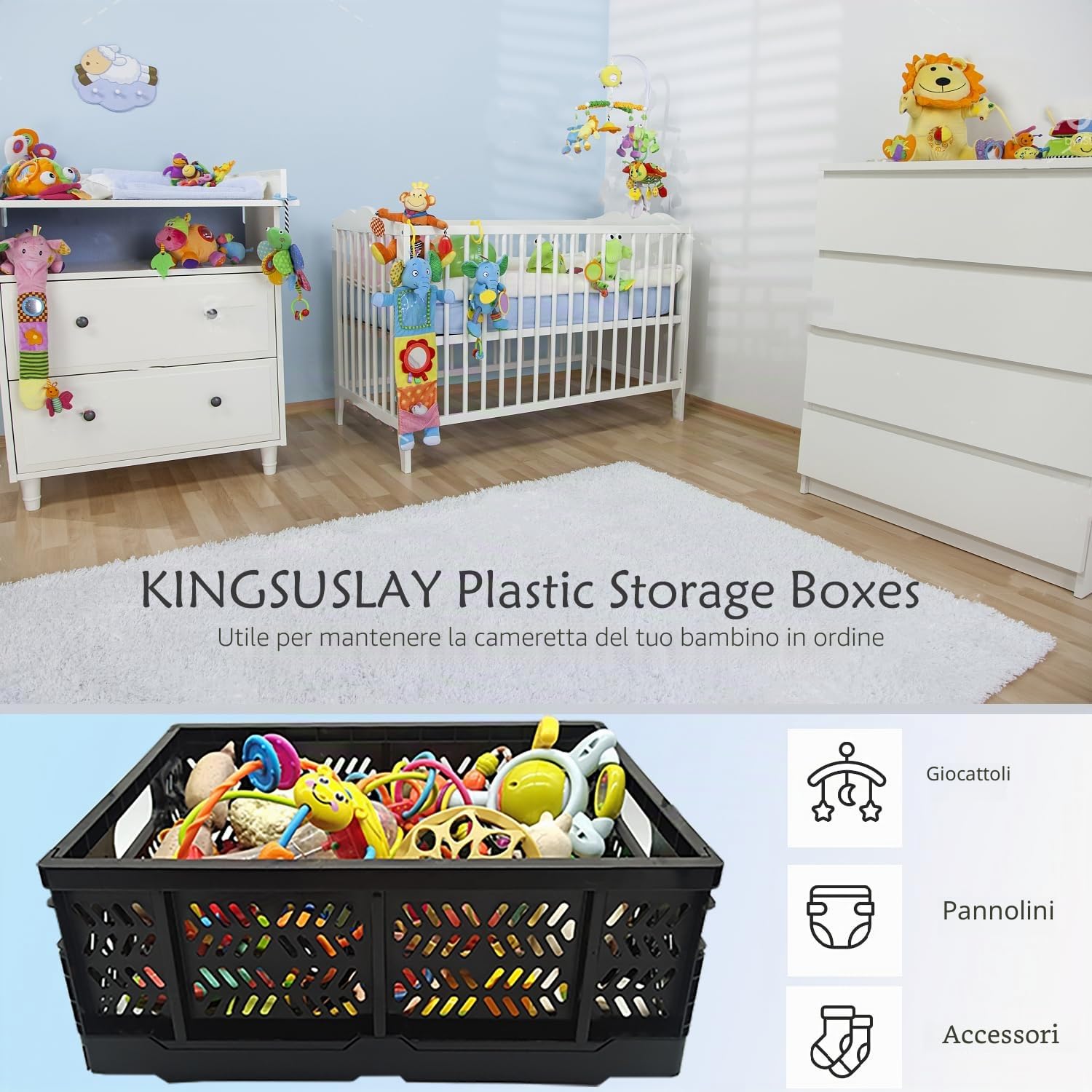 Confezione da 4 cassette portaoggetti in plastica, per casa, cucina, ufficio, 20 l, pieghevoli, per alimenti, frutta, verdura, snack, vestiti, giocattoli, dispensa, regali di Natale (nero)