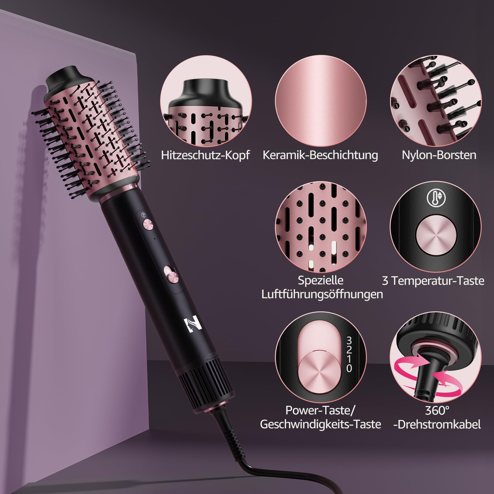 NICEBAY 6-in-1 Airstyler mit 110.000 U/min BLDC Motor, Negativ-Ionen Hairstyler, 1300W Haartrockner Warmluftbürste - Schwarz/Roségold