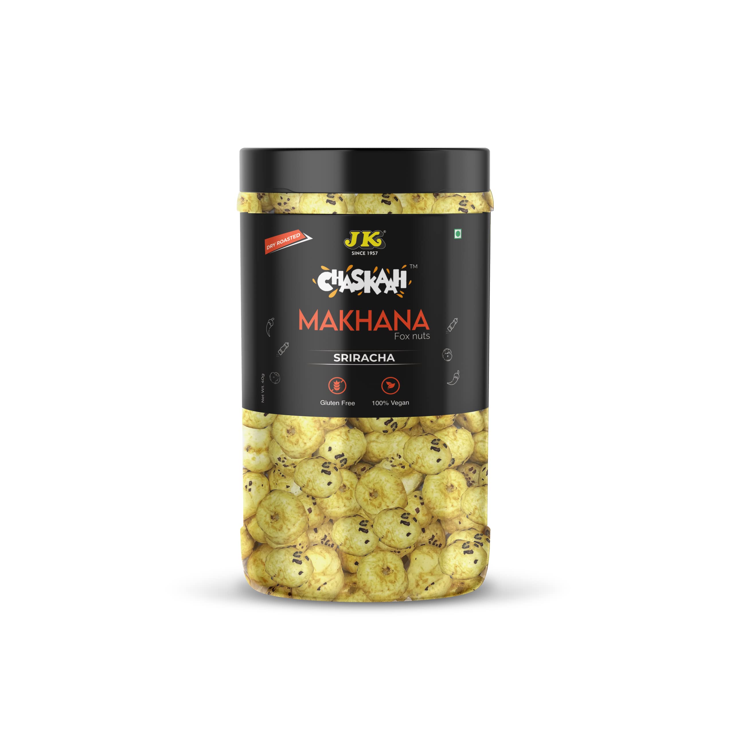 Chaskaah Makhana Sriracha 40g by JK | Dry Roasted | Gourmet | No MSG | Fibre Rich | Foxnuts (Phool Makhana) | Vegan | Gluten Free