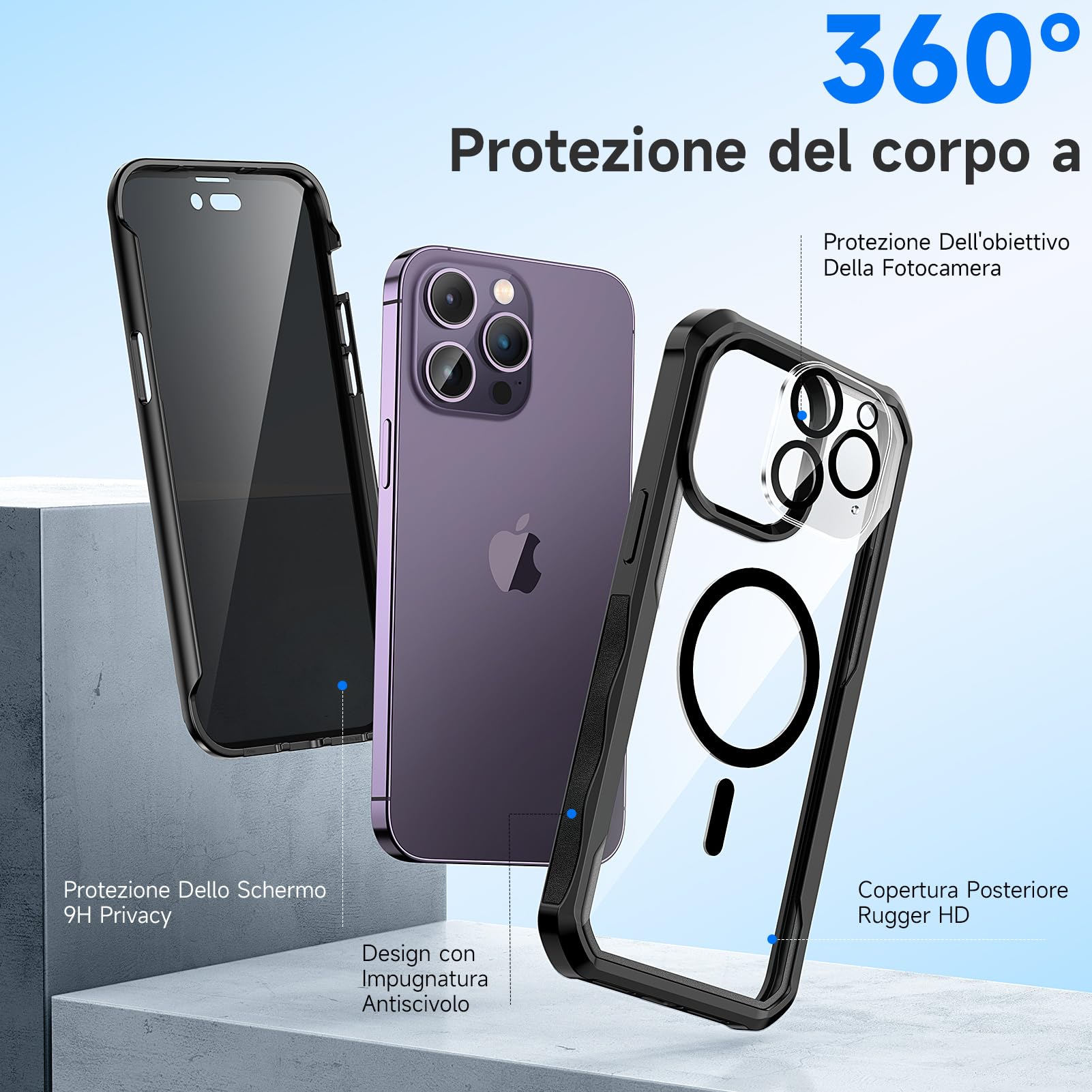 seacosmo Cover per iPhone 14 Pro Max Privacy Magnetica, Compatibile con Magsafe, Antispy Schermo Integrata in Vetro Temperato, Protezione Fotocamera, Custodia 360 Gradi Antishock Fronte Retro - Nero