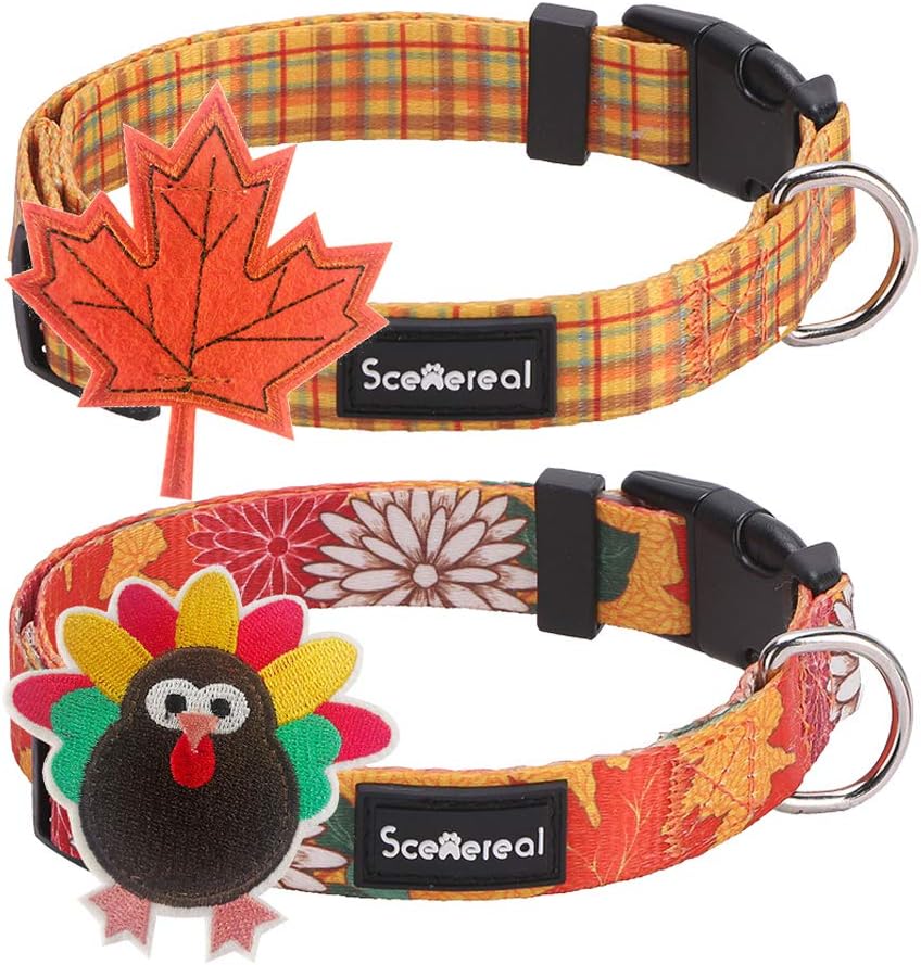 Thanksgiving Dog Collar with Turkey & Maple Leaf Accessories, 2 Pack Autumn Dog Collars, Adjustable Soft Pet Collar for Small Medium…
