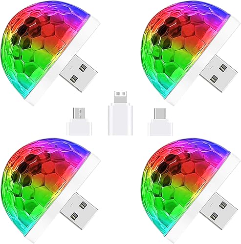 CZS Luz USB de bola de discoteca activada por sonido, luz LED para fiesta, mini bola de DJ portátil con adaptadores para teléfonos inteligentes, 4 W
