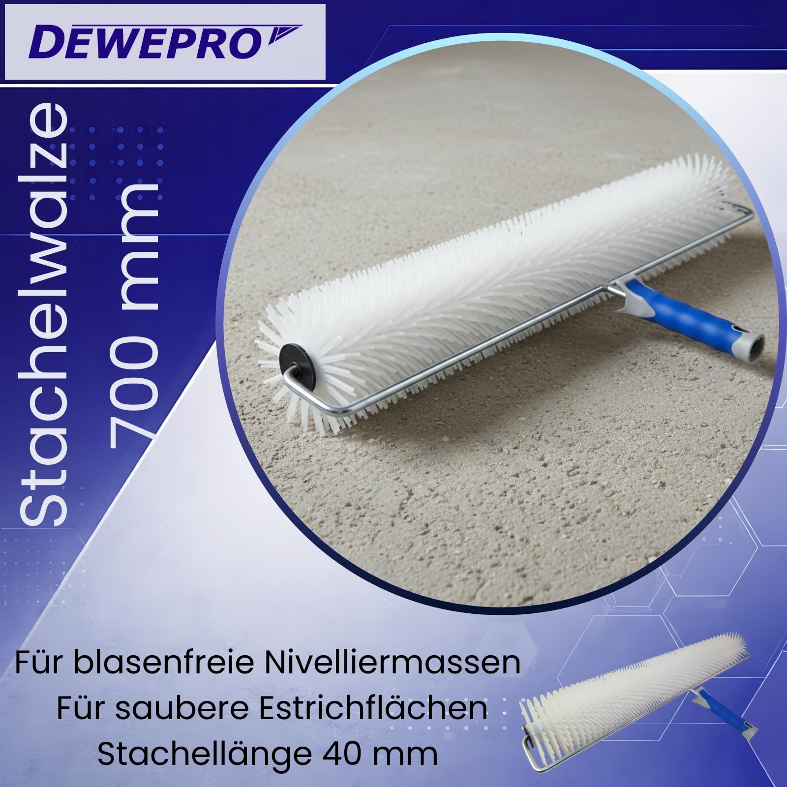DEWEPRO® Rullo frangibolle Ø110x700mm - Lunghezza dei chiodi 40 mm - Rullo per autolivellante - Rullo a bolle - Supporto Metallico Robusto con Manico Bi-Componente
