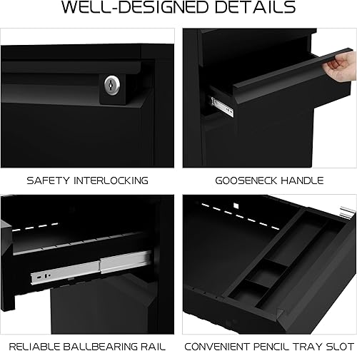 Miniatura 4 de VZADGWA Archivador de 3 cajones con cerradura, archivador de metal móvil con cerradura, archivador negro para oficina en casa, gabinete de