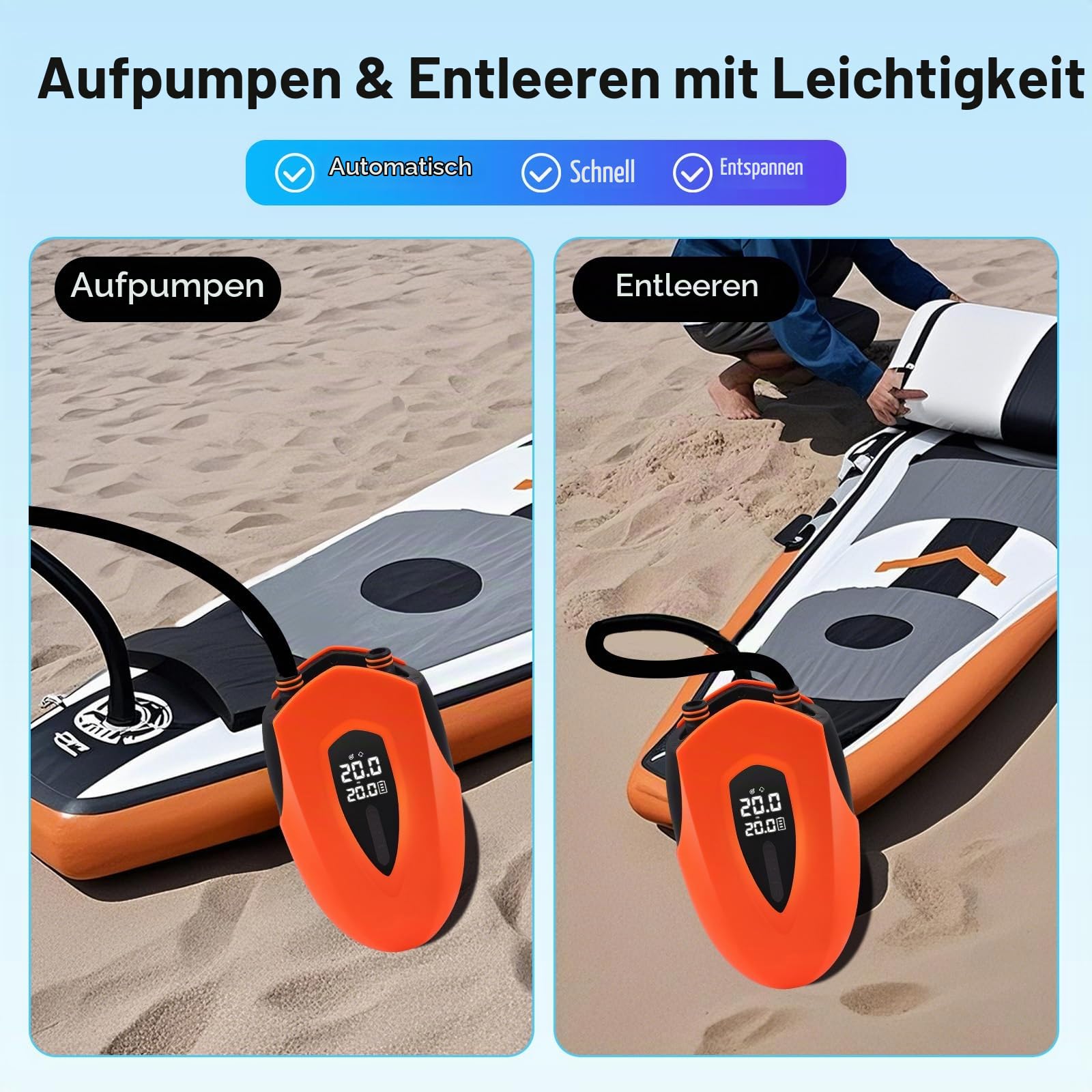 Elektrische Luftpumpe, 20 PSI Hochdruck Elektrische SUP Luftpumpe, 12000 mAh Wiederaufladbare Akku Luftpumpe, mit LED-Licht, 12 V DC, für Schlauchboot, Luftmatratze