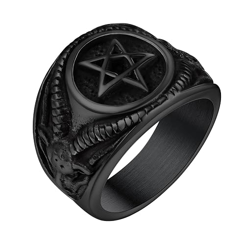 Bandmax Baphomet Rings for Men Women Satanic Goat Head Rings Stainless Steel Devil Ring Vintage Retro Biker Rings Evil Gothic Jewelry - 02 Inverted Pentagram-black - O
