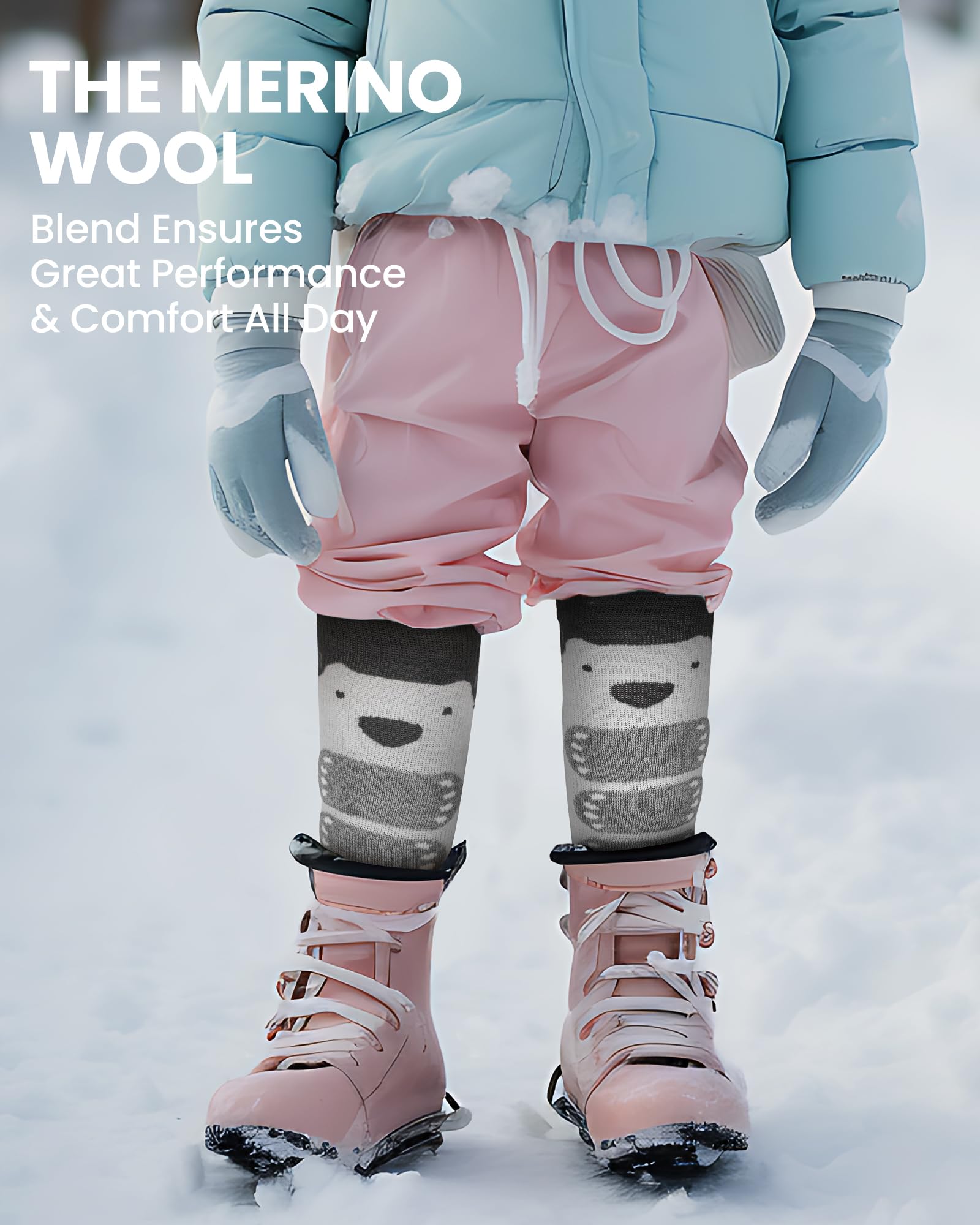 OutdoorMaster Calcetines de esquí para niños, paquete de 2 calcetines térmicos de compresión de invierno de lana merino, puños antideslizantes sobre la pantorrilla