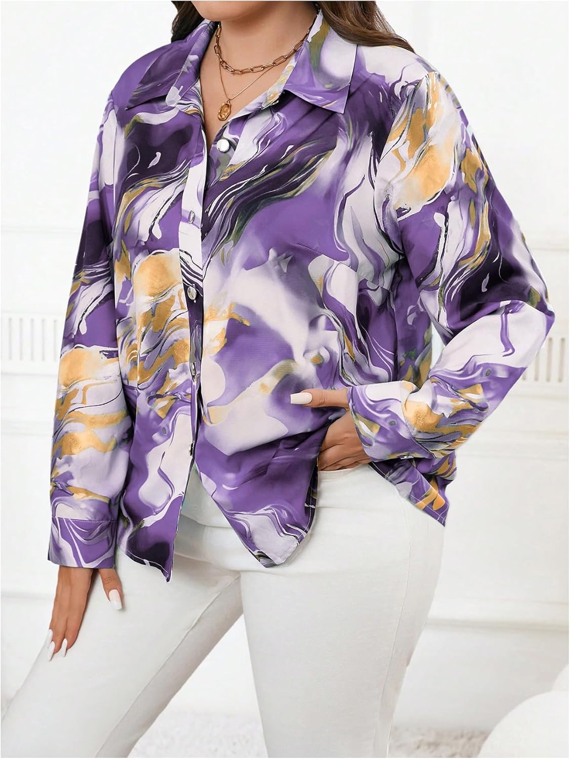 WDIRARA Women's Plus Size Marble Print Button Down Long Sleeve Shirt Collar Blouse Top - Image 5
