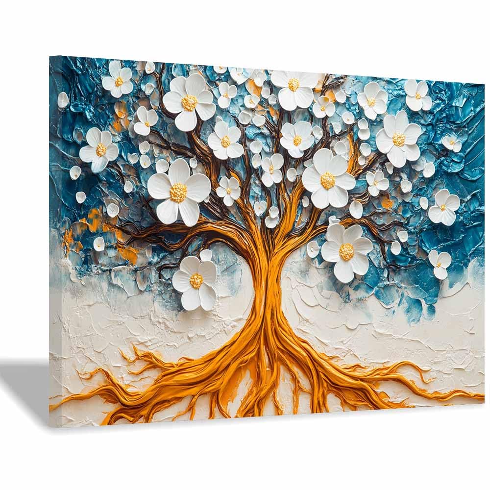 ZAMAEIU The tree of life Flowering trees blooms Canvas Paintings Abstract Tree,Wall Art Poster Modern Room Bedroom Home Decor Geometric Print Patterns(white)-70x100cm Framed