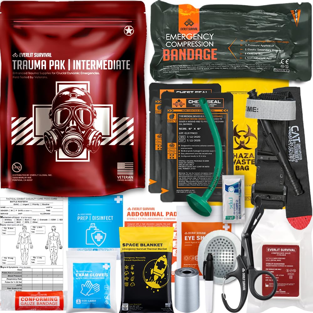 EVERLIT Trauma Pak, with CAT GEN-7 Tourniquet Compression Banage, Chest Seals, Compressed Gauze Z-Folded, Mil-Spec Tactical Bleeding Control Supplies (Intermediate)