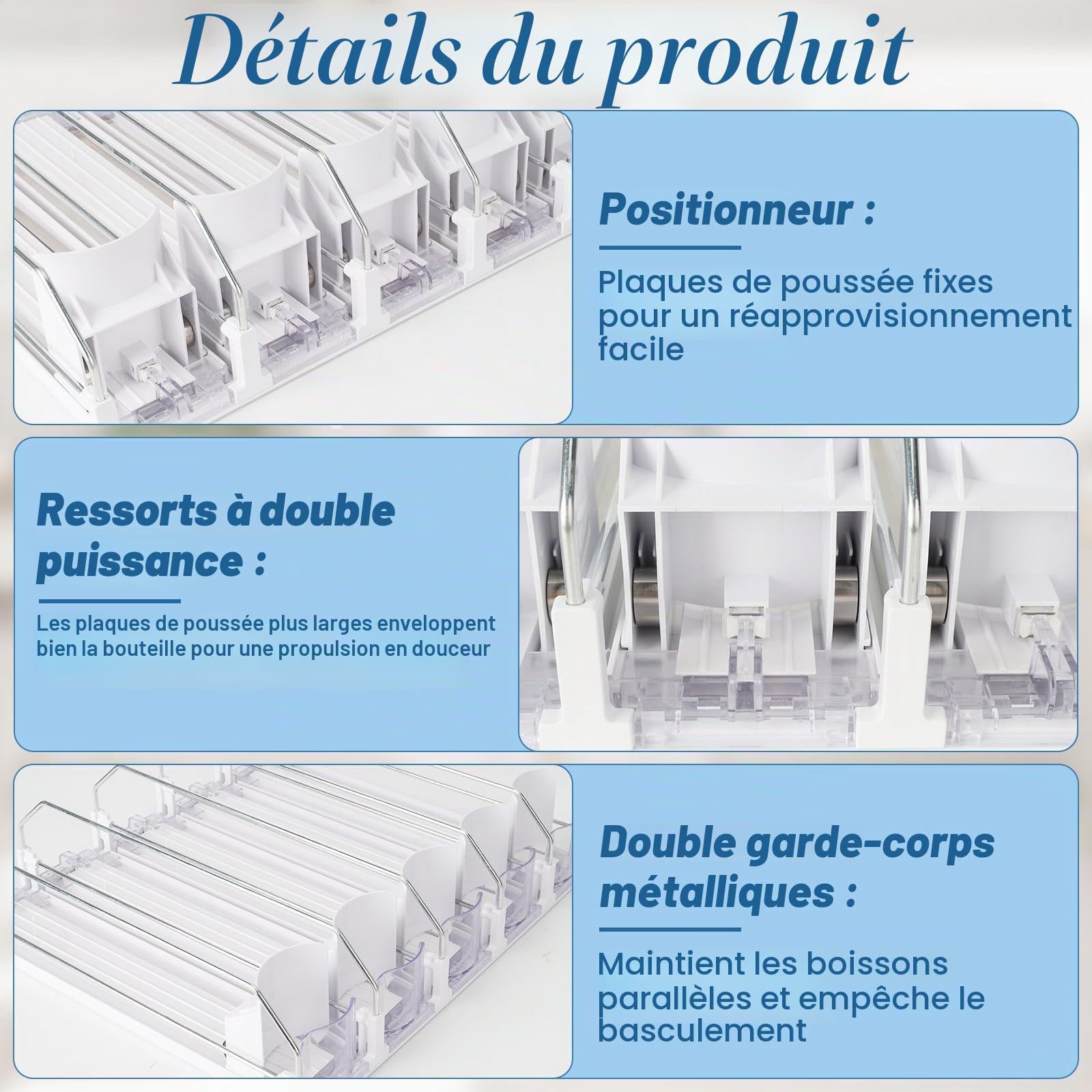 Automatique Rangement Canette 5 rangées rangement boisson auto-poussant Distributeur de Boissons pour Réfrigérateur Bière Soda organisateur canette frigo 31 x 41 cm (Blanc)