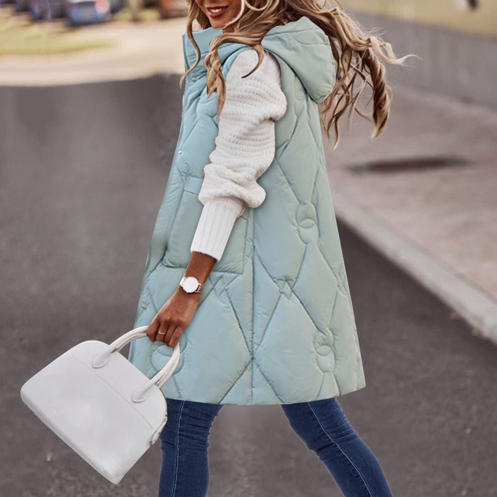 Gilet in piuma da donna, leggero, elegante, lungo, classico, senza maniche, alla moda, per le mezze stagioni, con tasche, giacca a vento impermeabile