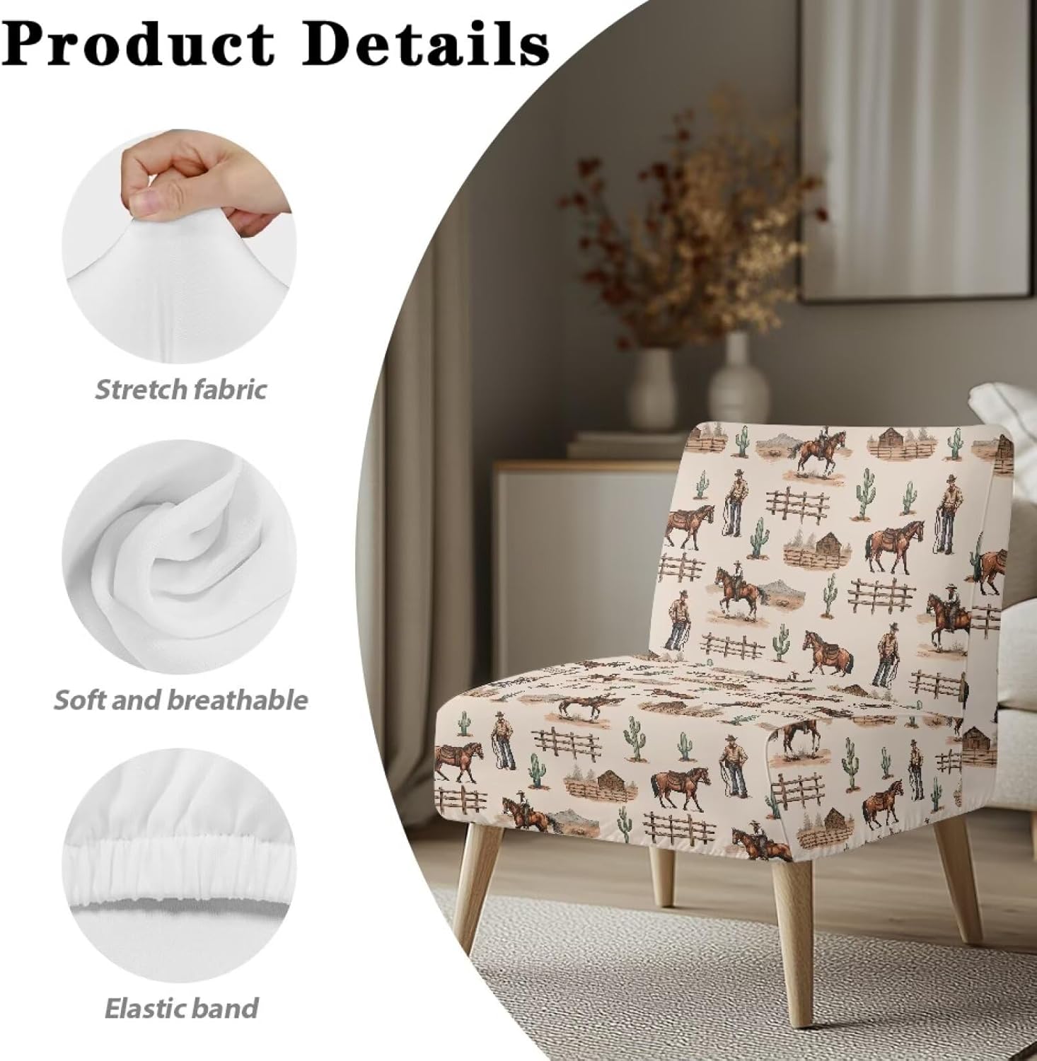 Merkmak Removable Armless Accent Chair Cover Cowboy Horse Print Chair Protective Cover Without Arms Single Sofa Couch Slipcover with Elastic Band for Living Dining Room Furniture Protector