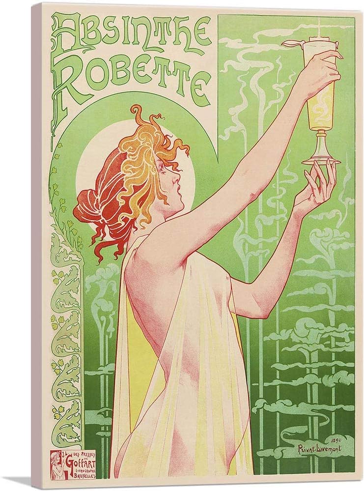 ARTCANVAS Absinthe Robette Saturated 1896 Canvas Art Print Stretched Framed Painting Picture Poster Giclee Wall Decor by Henri Privat Livemont - 26" x 18" (0.75" Deep)