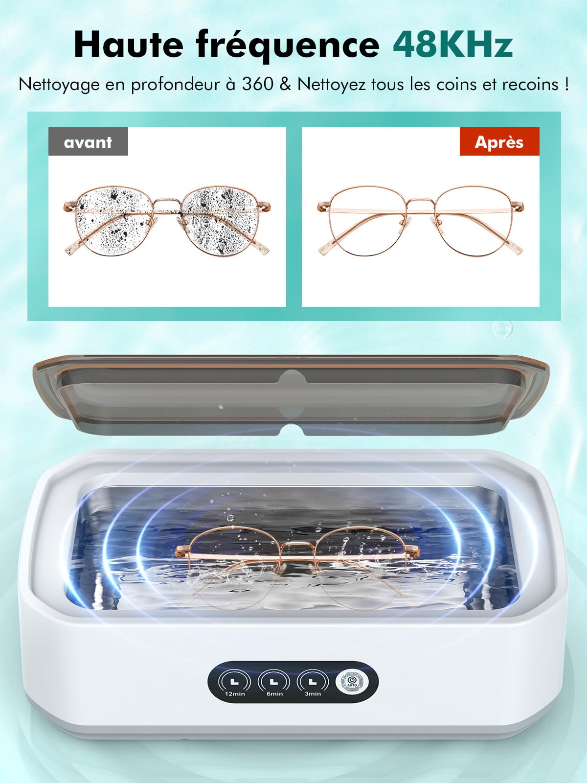 Nettoyeur Ultrasons, 48 kHz, 650 ml Nettoyage en Profondeur à 360°, Fonctionnement à une Touche avec, Convient pour le Nettoyage des Lunettes, des Bijoux et des Prothèses Dentaires