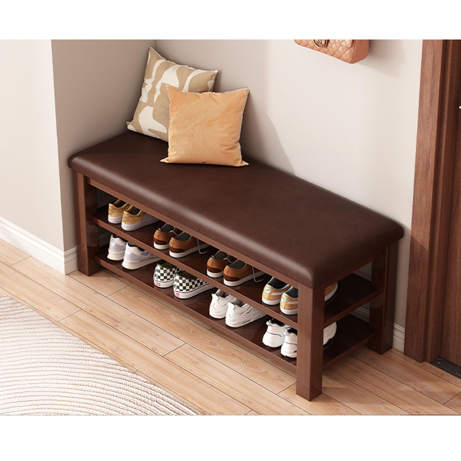 Étagère à chaussures 60cm avec assise souple et pieds en bois massif, modèle A