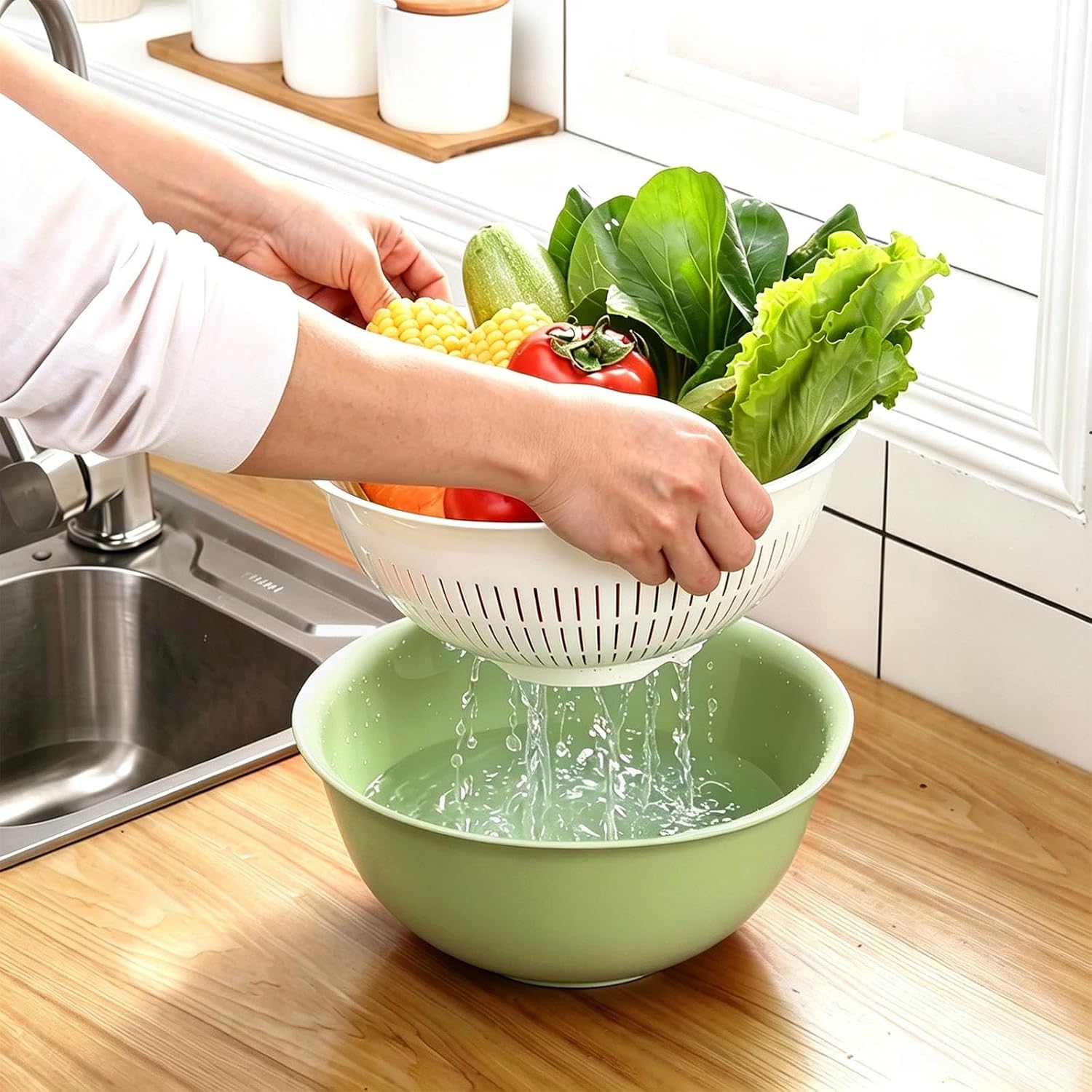 Colander Bowl Set of 2, Nesting Large Capacity Plastic Food Strainer for Pasta, Vegetables and Fruits Washing Draining Basket, Space Saving, BPA Free(Green)