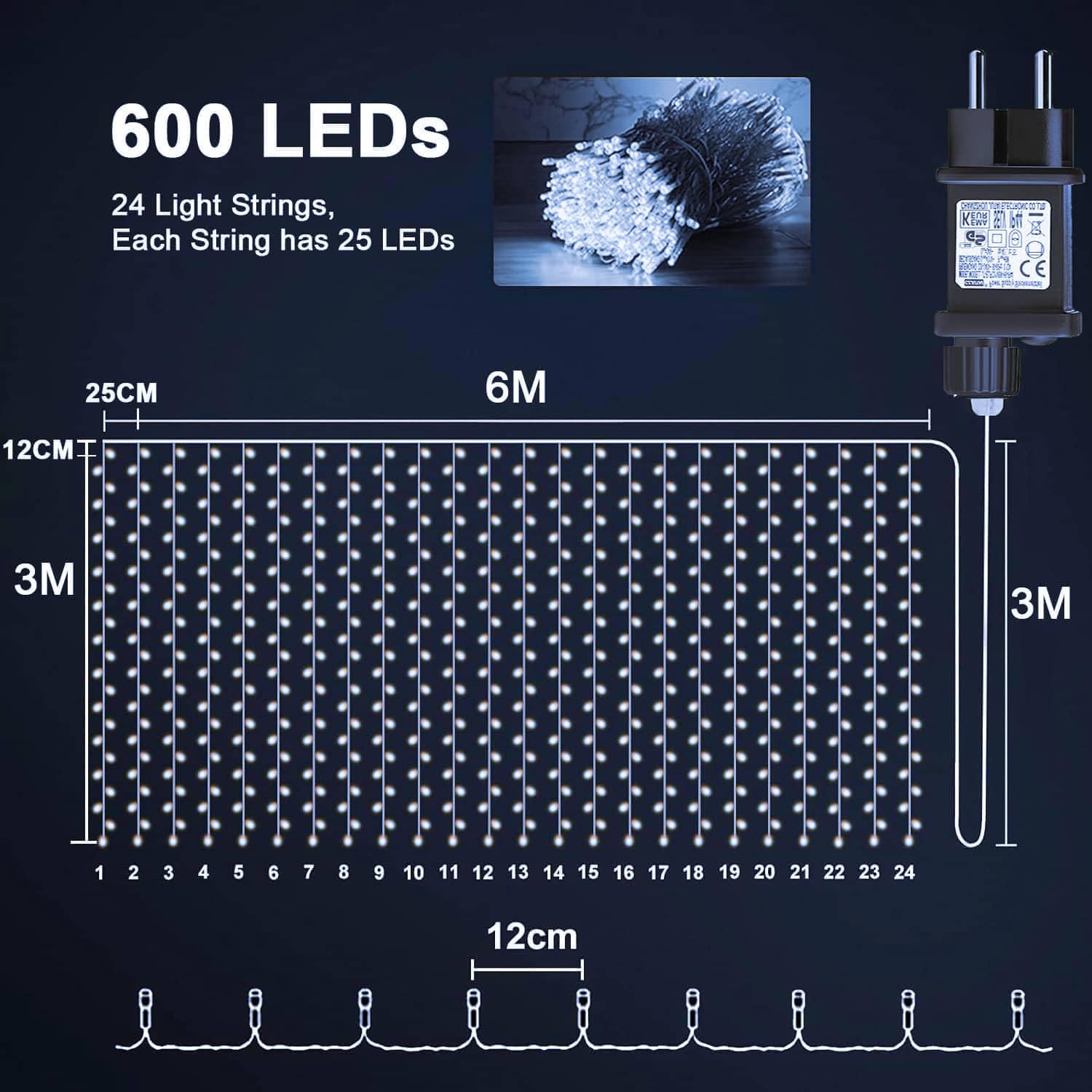 Kurtyna świetlna, 6 m x 3 m, 600 diod LED, zasłona z wtyczką, timer, 8 trybów pracy, łańcuch świetlny, wodoszczelna, na wesele, pawilon, do ogrodu, dekoracja ścienna – zimna biel