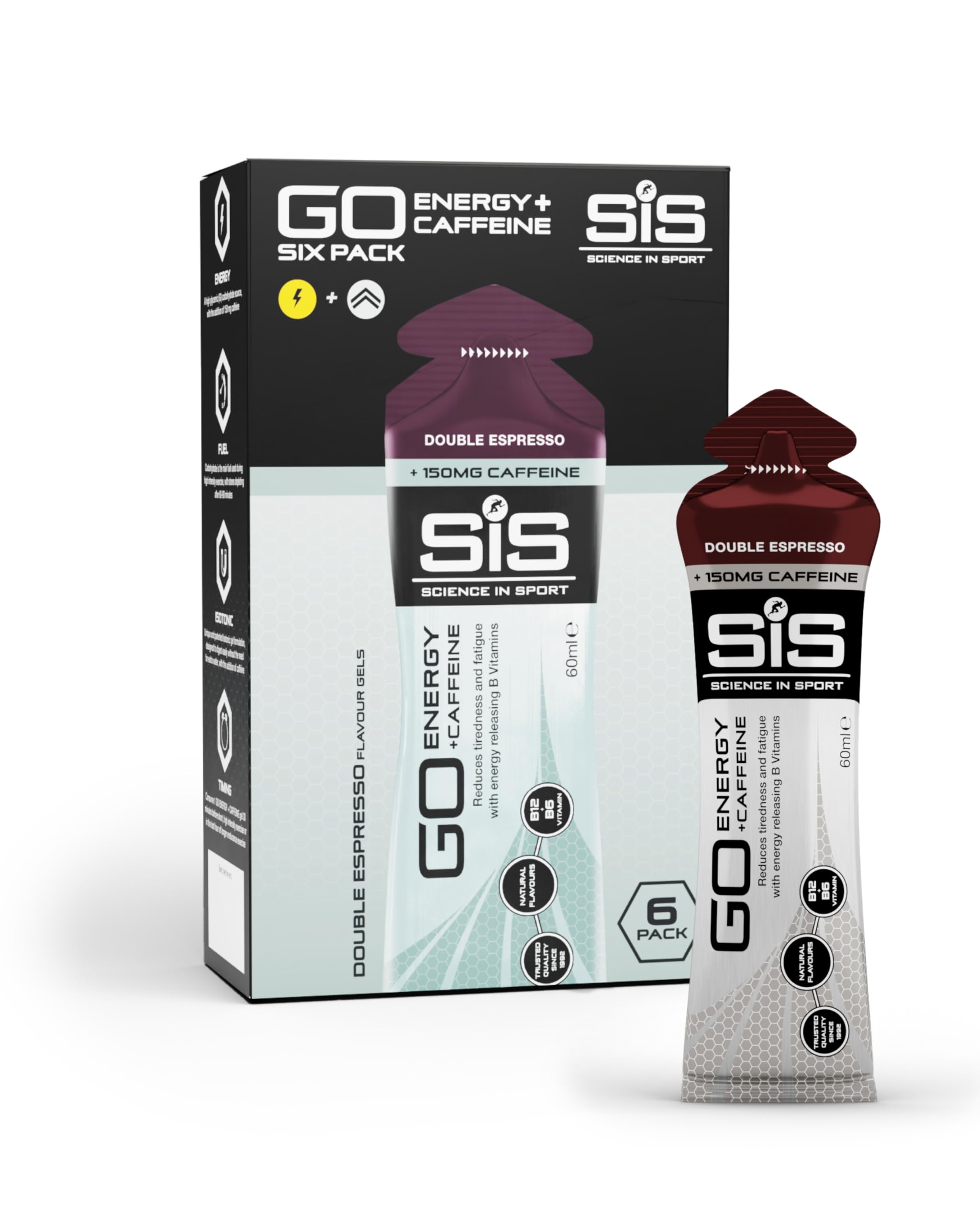 Science In Sport GO Isotonic Energy Gels | 150mg Caffeine | 22g Carbohydrates | Low Sugar | Easily Digestible | Gluten Free | No Water Needed | Running Gels | Double Espresso Flavour | 6 Pack