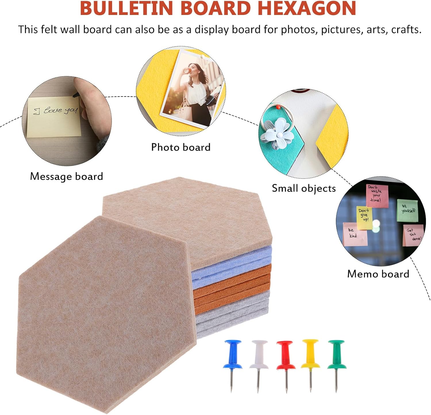 SOLUSTRE 10pcs Hexagon Felt Pin Wall Board Thick Decorative Bulletin Tiles with Push Pins for Home Office Photo Display and Message Organization