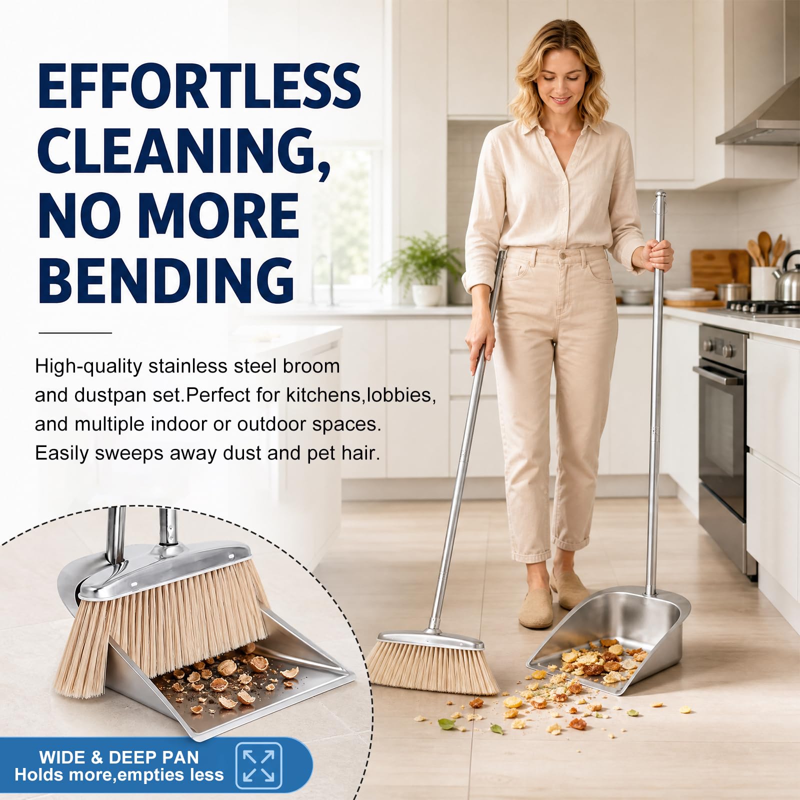 DASIAUTOEM Juego de escoba y recogedor, recogedor y cepillo con mango largo, juego de recogedor vertical con mango largo de 118 cm, barredora y recogedor Combo para oficina, cocina, pasillo, suelo