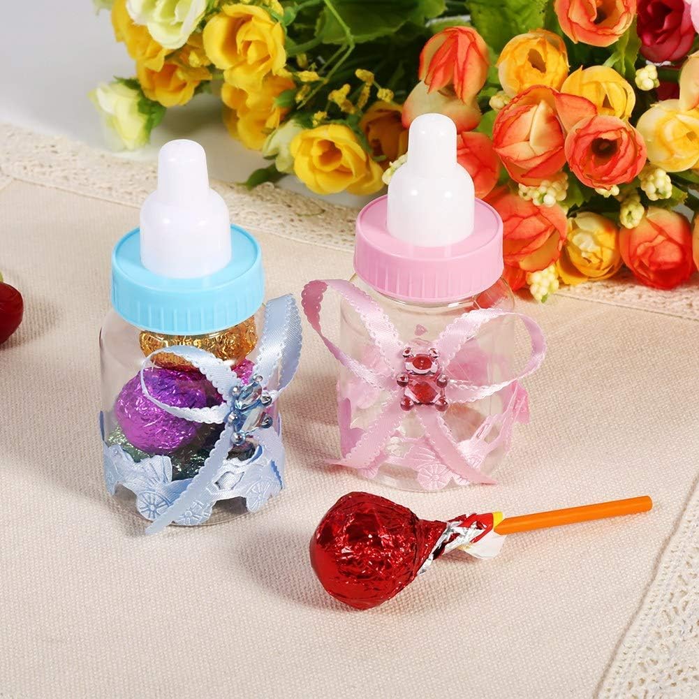 50 Pcs Feeder Style Bonbons Bouteille pour Baby Shower, Mini Party Favors Fillable Candy Gift Box pour Garçon Fille Nouveau-né Infant Baptême Baptême Fête D'anniversaire Décoration(Bleu)