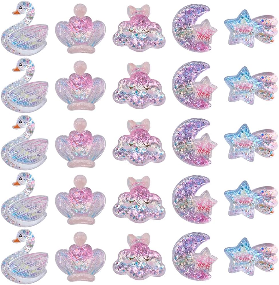 5 Styles Sparkly Resin Embellishment Flatbacks 40Pcs Shine Glitter Transparent Decoden Cabochons Swan Crown Cloud Moon Star Resin Charm for DIY Craft Scrapbooking Phone Case Jewelry Making