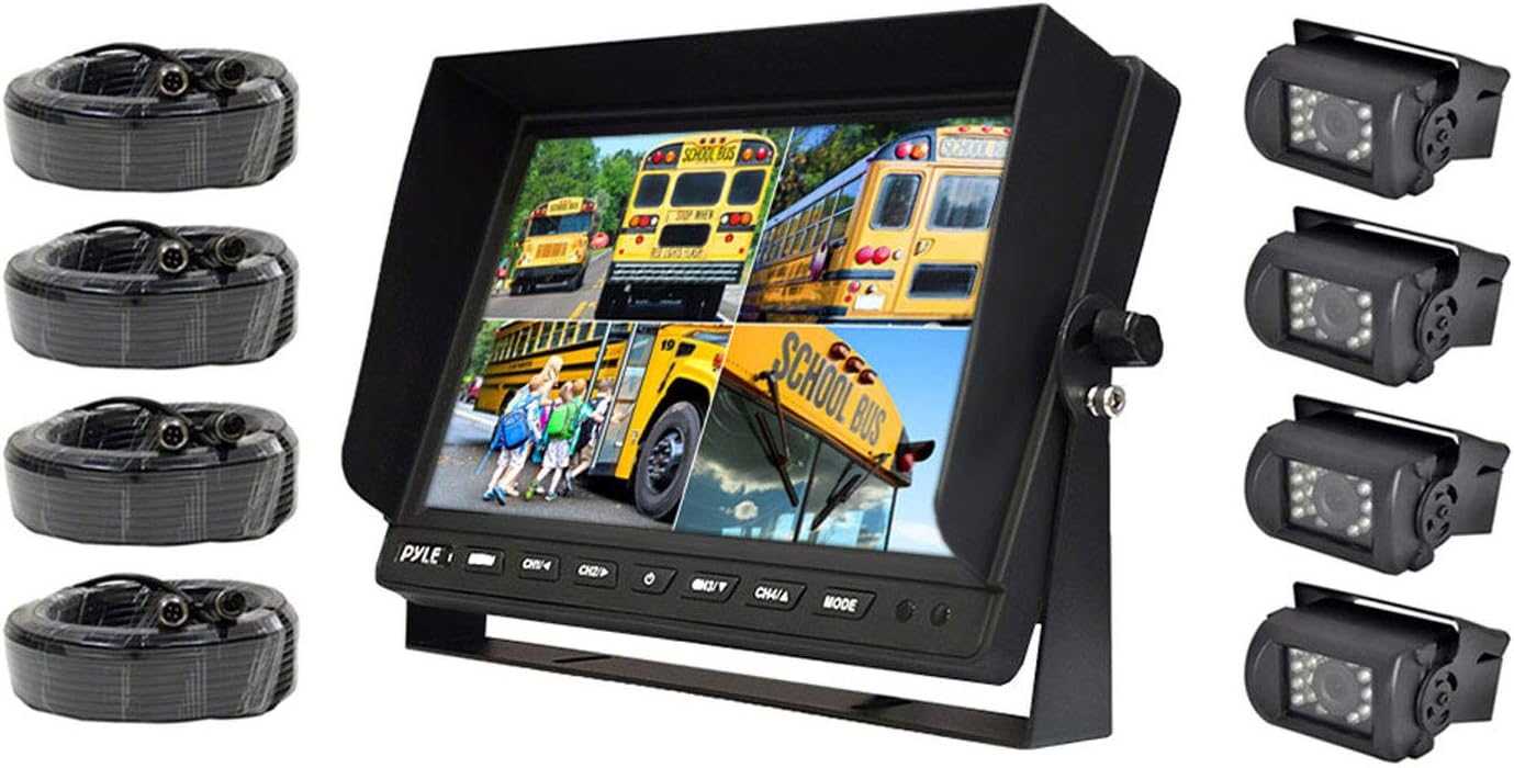 Pyle PLCMTR104 Weatherproof Rearview Backup Camera System with 10.1 LCD Color Monitor, Built-in Quad Control Box Screen, (4) IR Night Vision Cameras, Dual DC 12/24V for Bus, Truck, Trailer, Van