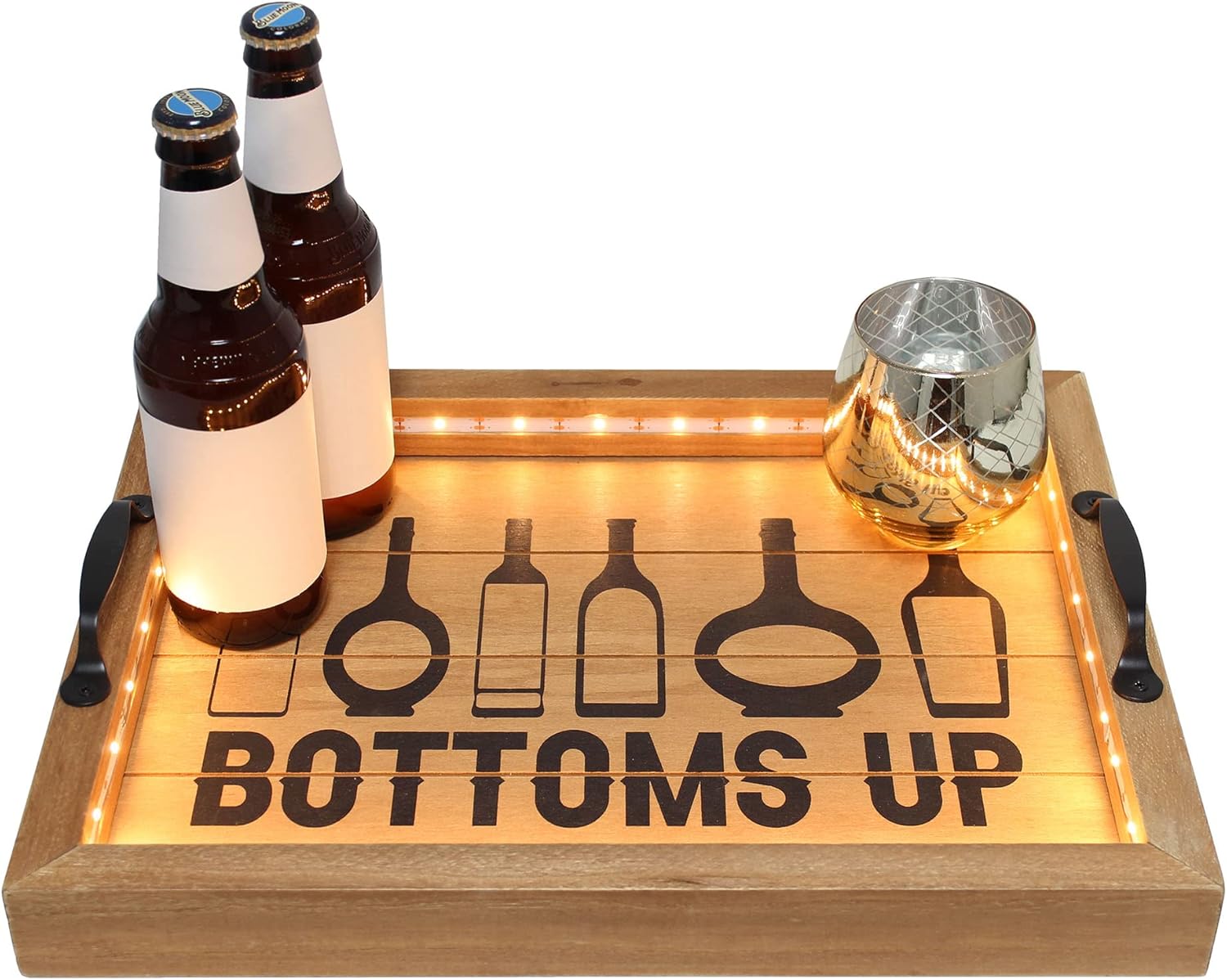 Elegant Designs HG2032-NBU Salento Farmhouse Rectangle Decorative LED Light Up Wooden Serving Tray w Black Metal Handles & Bottoms Up in Black for Décor, Centerpiece, Breakfast, Coffee,Bar, Natural