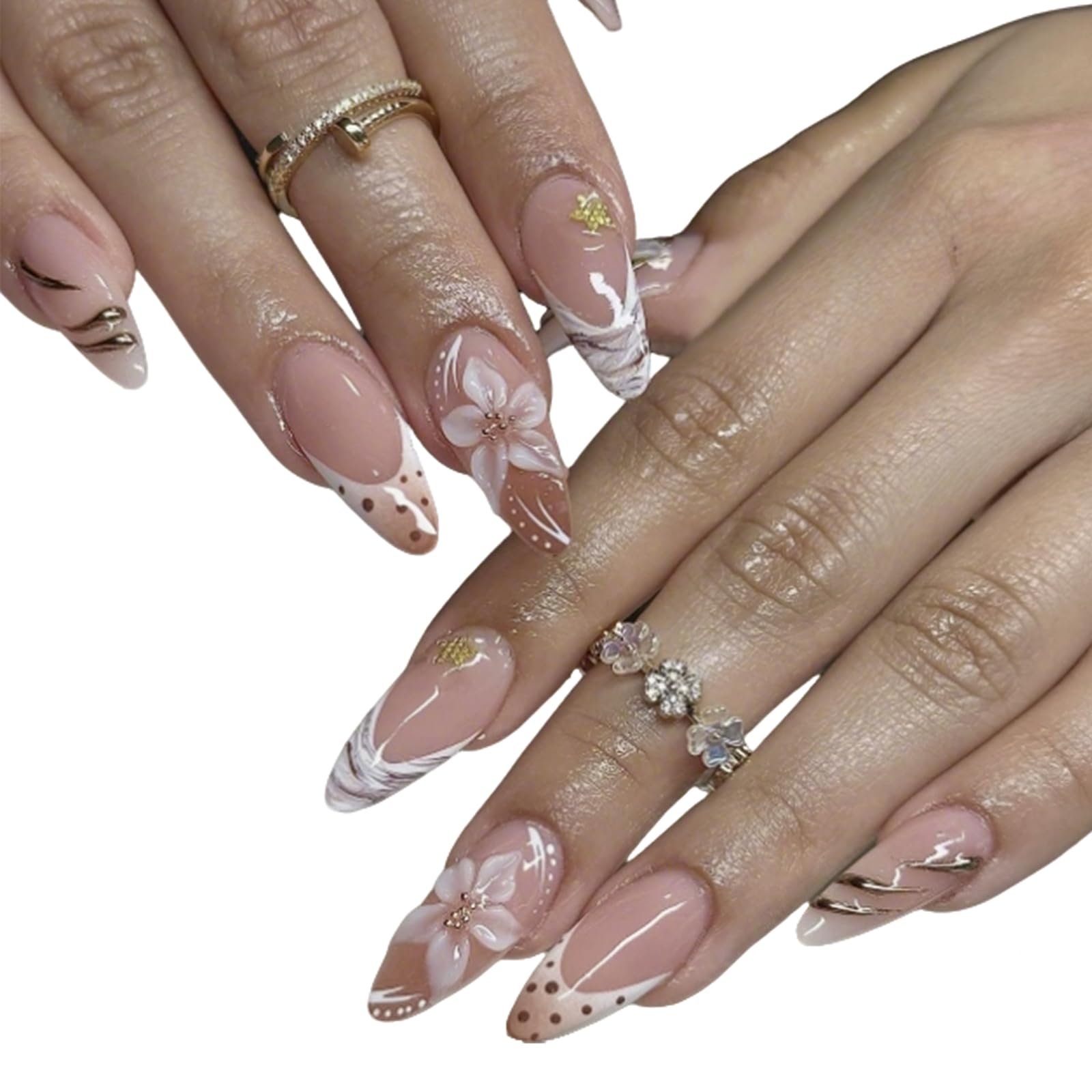Fake Nails, Polka Dot Press on Nails Almond, Medium Almond Nail Tips for Social Events and Daily Wear, French Tip Press on Nails with 3D Floral Design, 24Pcs Reusable Manicure Set-image-15