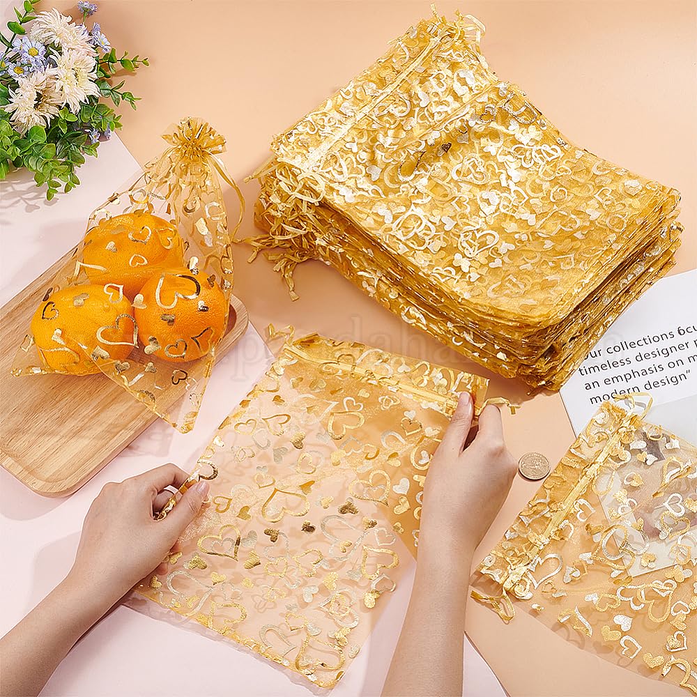 DMS RETAIL Printed Organza Bag Pouches|Organza Return Gift Bags|Drawstring Pouches For Wedding| Jewelry Gift Bags for Party Golden Pack Of (20) - Image 3 thumbnail