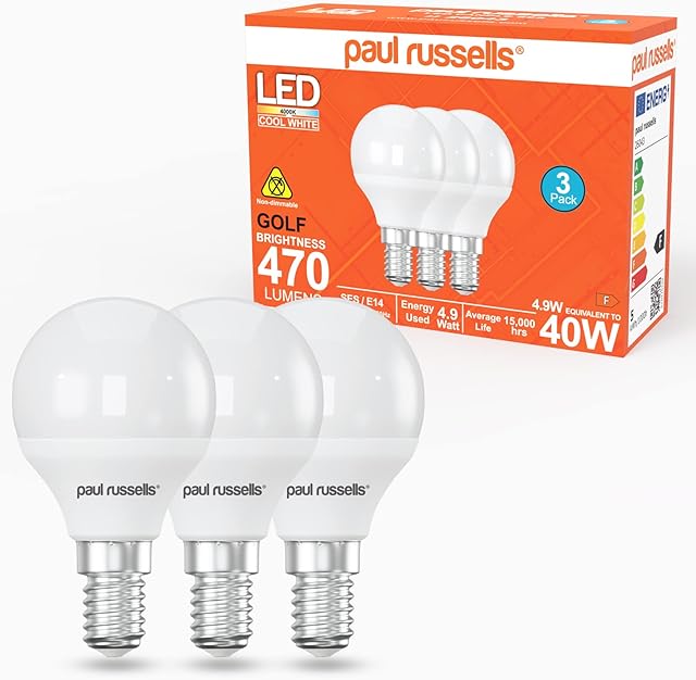 paul russells LED Light Small Edison Screw E14, 40w Equivalent Bulb, 4.9W 470LM LED Bulbs, 4000K Cool White, Mini Globe Frosted G45 SES Golf Energy Saving Lightbulbs, Pack of 3