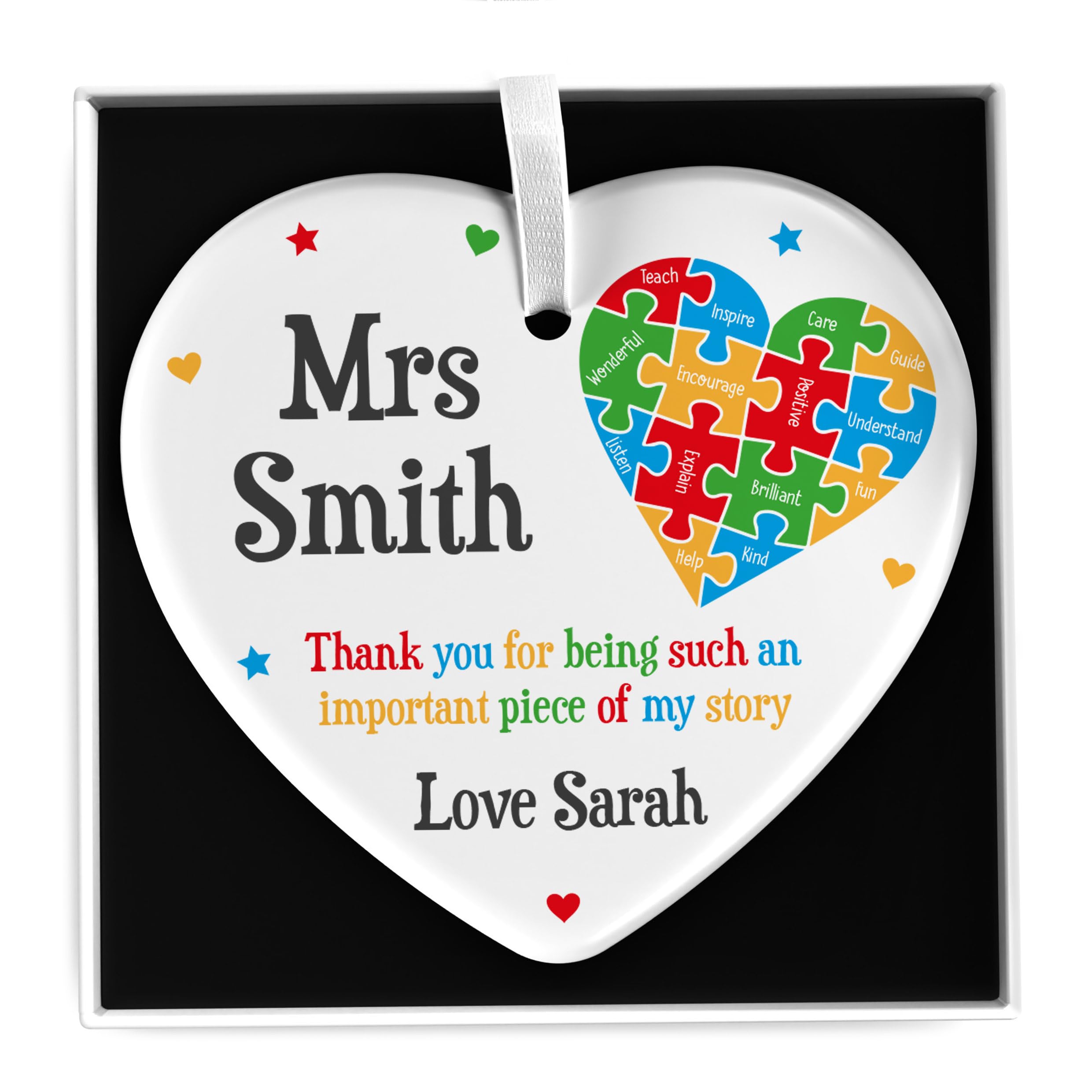 Beecreative Personalised Teacher Thank You Gifts - Cearmic Hanging Decoration - Teacher Appreciation Present - With Grey Bag