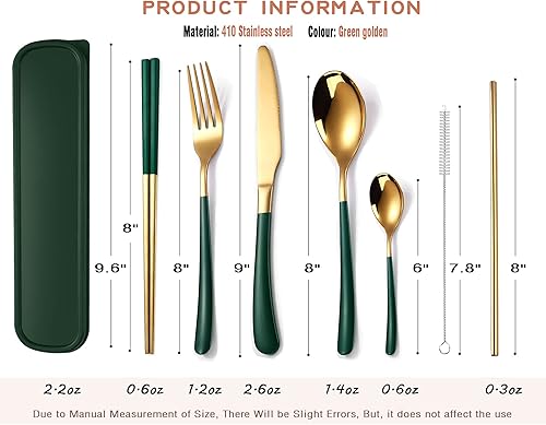 Miniatura 2 de AARAINBOW Juego de cubiertos de acero inoxidable de 7 piezas, portátil, reutilizable, juego de utensilios de viaje, incluye palillos, cuchillo,