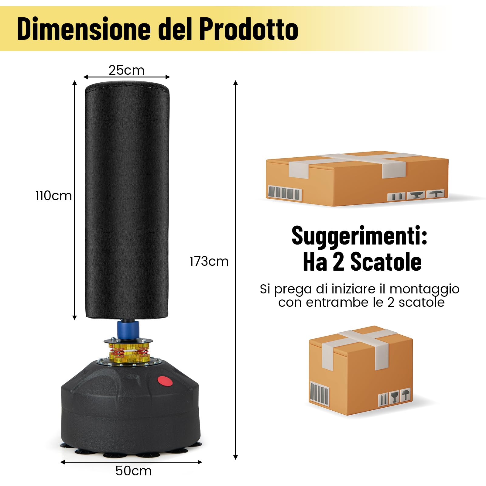 COSTWAY Sacco da Boxe 173 cm, Sacca da Boxe da Terra Autoportante e Pesante con Guantoni, Base a Ventosa, Costruzione a 5 Strati e Sistema Antivibrazioni per Adulti e Palestra Domestica