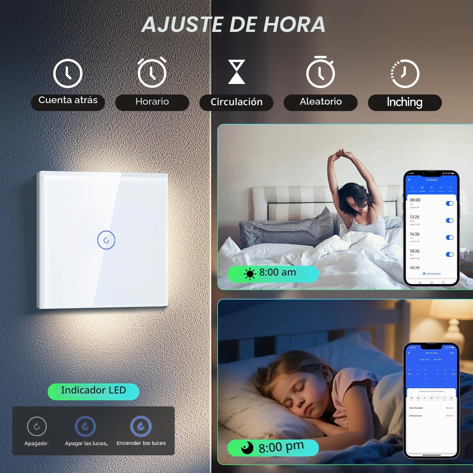 BSEED Interruptor de Pared WiFi,Interruptor Inteligente 1 Gang 1 Vía con Pantalla Táctil Blanco,Compatible con Alexa, Google Home, Control de APP y Función de Temporizador【Se necesita Neutro】