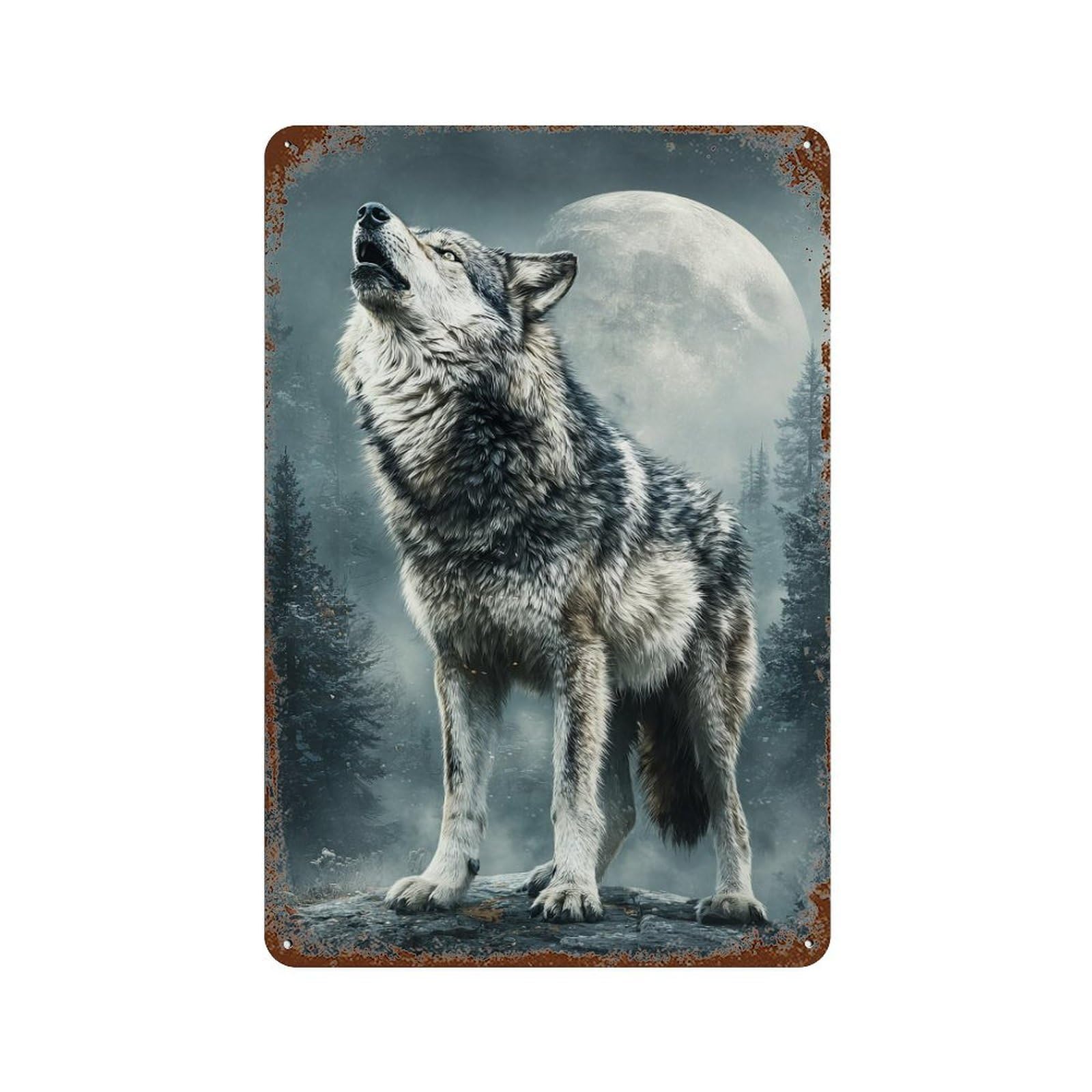 Garage Style Wolf Howling at Moon-8 Aged Metal Wall Plaque 11.8"x7.9", Vintage Wall Decor for Bar And Workshop