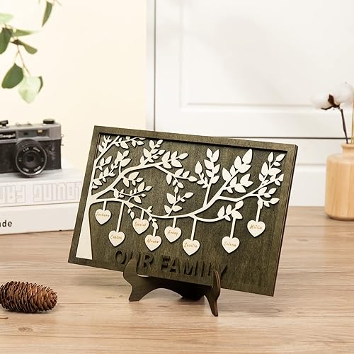 Vista 229 de Árbol genealógico con etiqueta de corazón, placas de madera grabadas personalizadas, regalos personalizados para madres, padres, escritorio, nombres