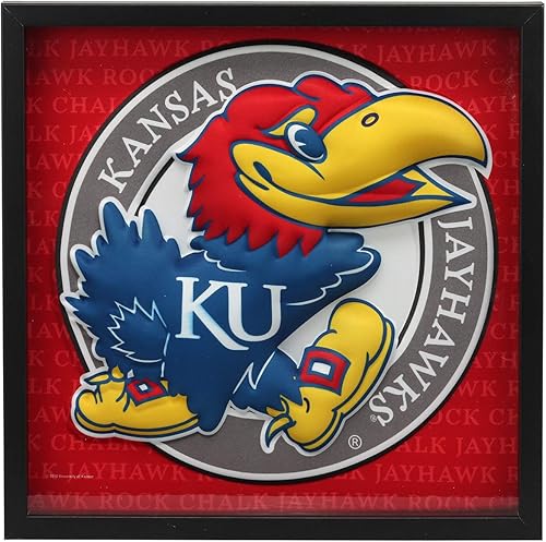 Arte de pared enmarcado de madera y vidrio de la mascota Jayhawk de la Universidad de Kansas, decoración de pared KU para el hogar u oficina