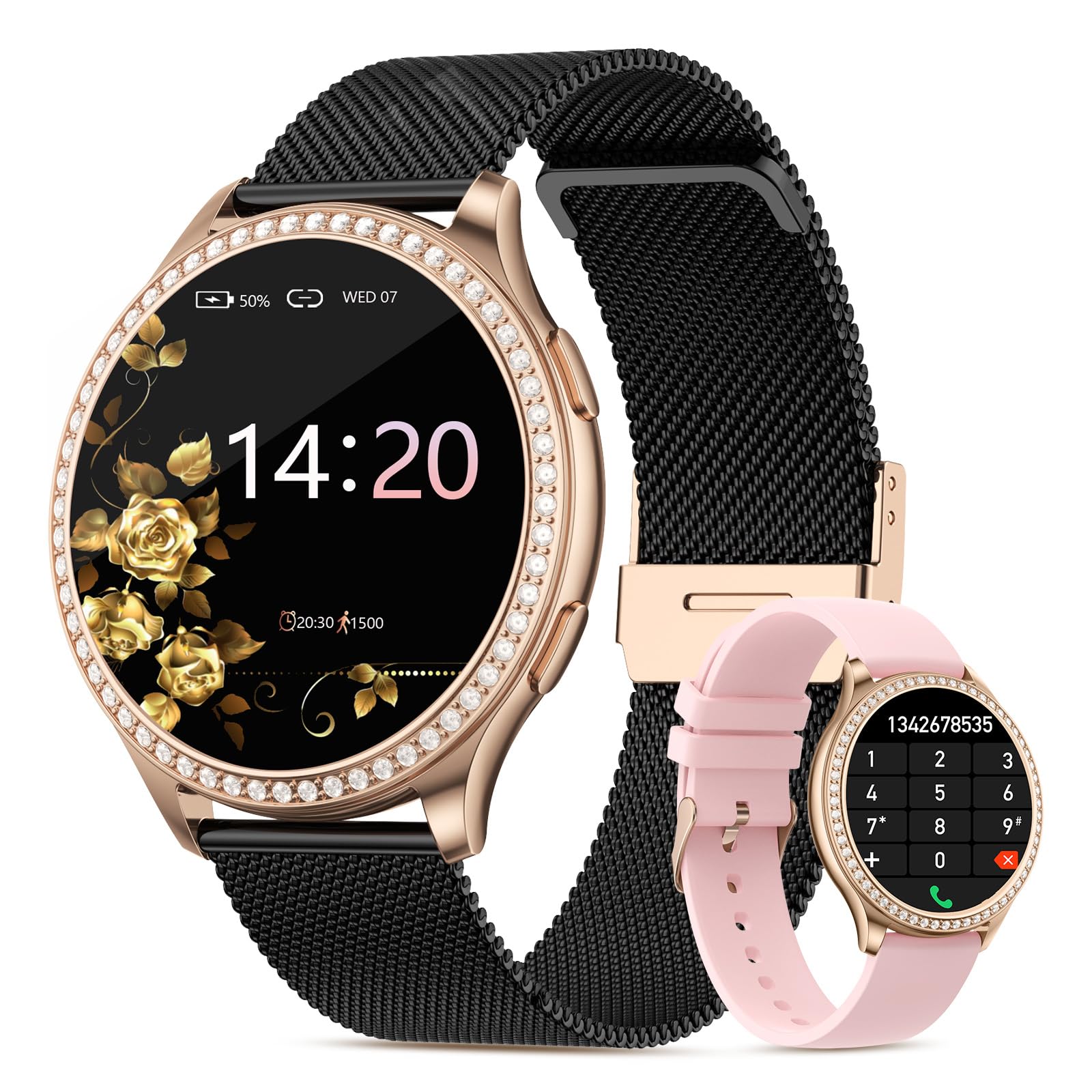 RifePhi Damen Smartwatch 1.32 Zyklustracker SpO2 Schlafanalyse IP67 wasserdichte Sportuhr Anruffunktion Schrittzähler Herzfrequenzmesser Kompatibel iPhone Android