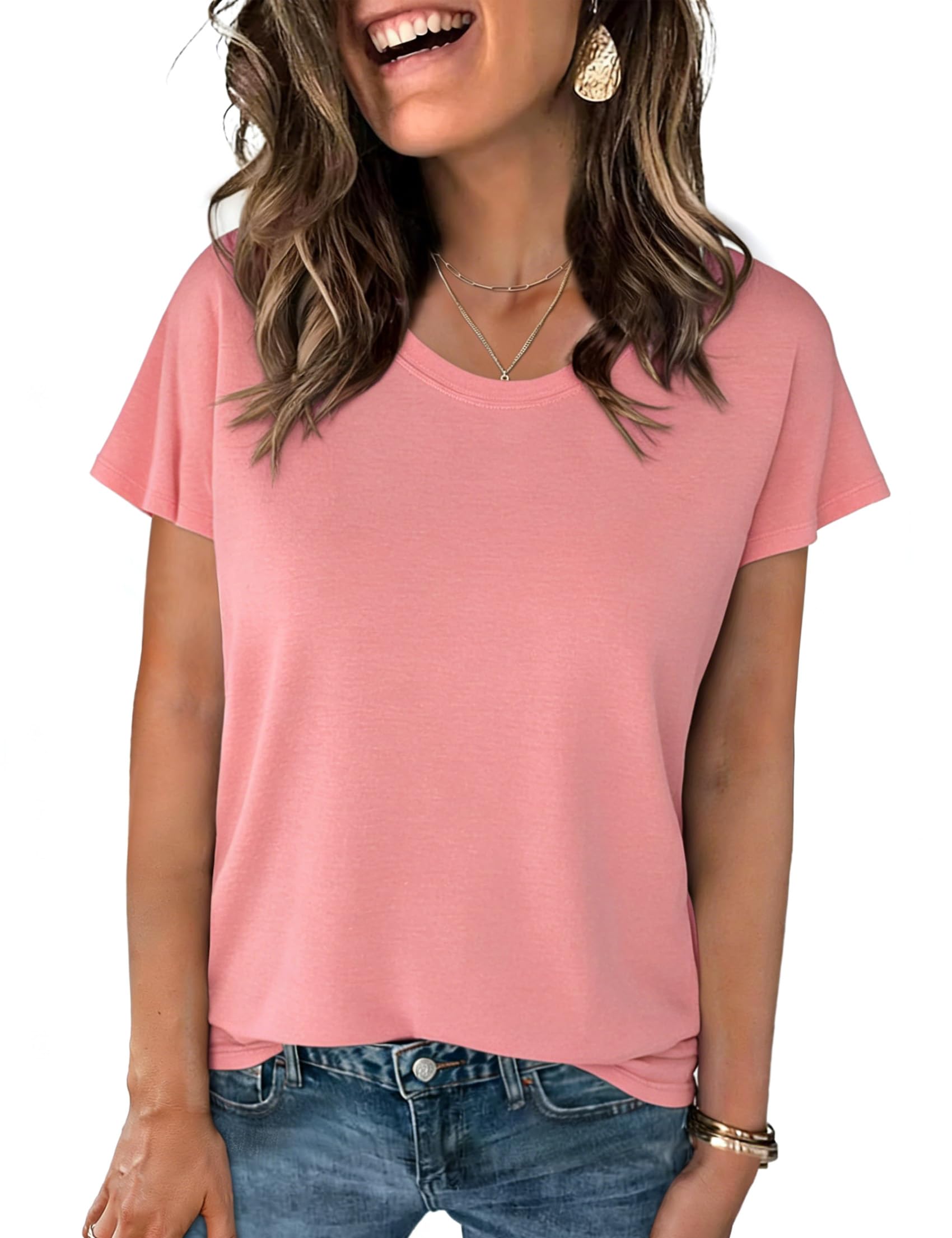 Crewhpo T Shirt Damen Kurzarm Einfarbige Shirts Sommer Basic Shirt Kurzärmeliges Casual Top Stretch Baumwolle Oberteile Lockeres Elegant