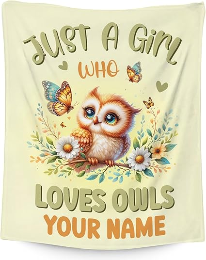 Custom Owl Blanket, Cute Soft Throw Gifts for Women, Cozy Flannel Throw Blankets for Couch Office, Yellow 60"x80"