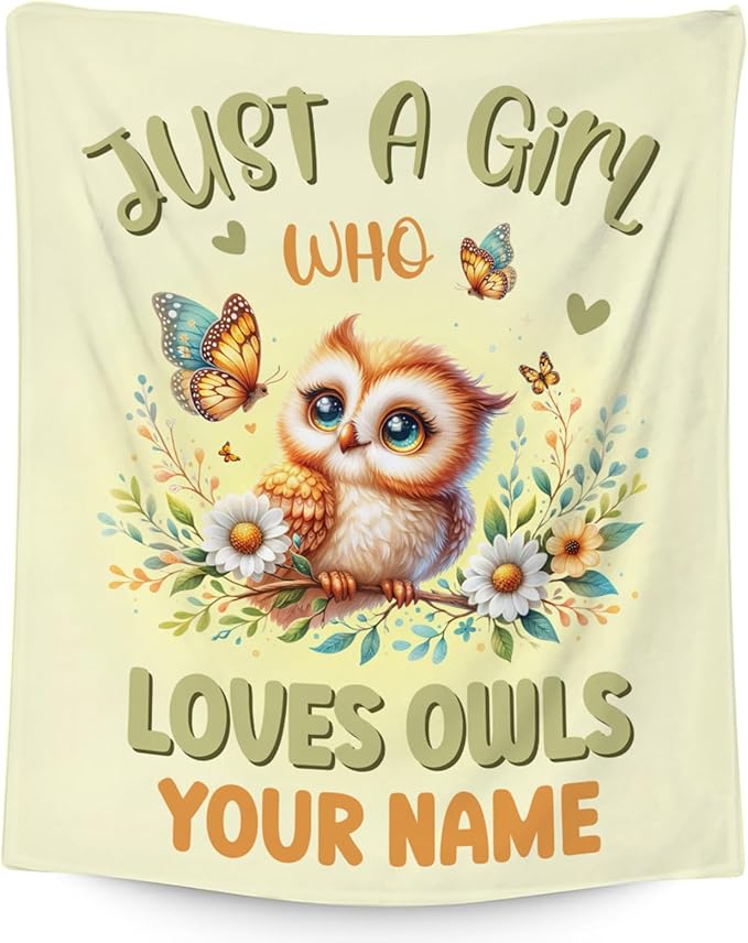 Custom Owl Blanket, Cute Soft Throw Gifts for Women, Cozy Flannel Throw Blankets for Couch Office, Yellow 60"x80"