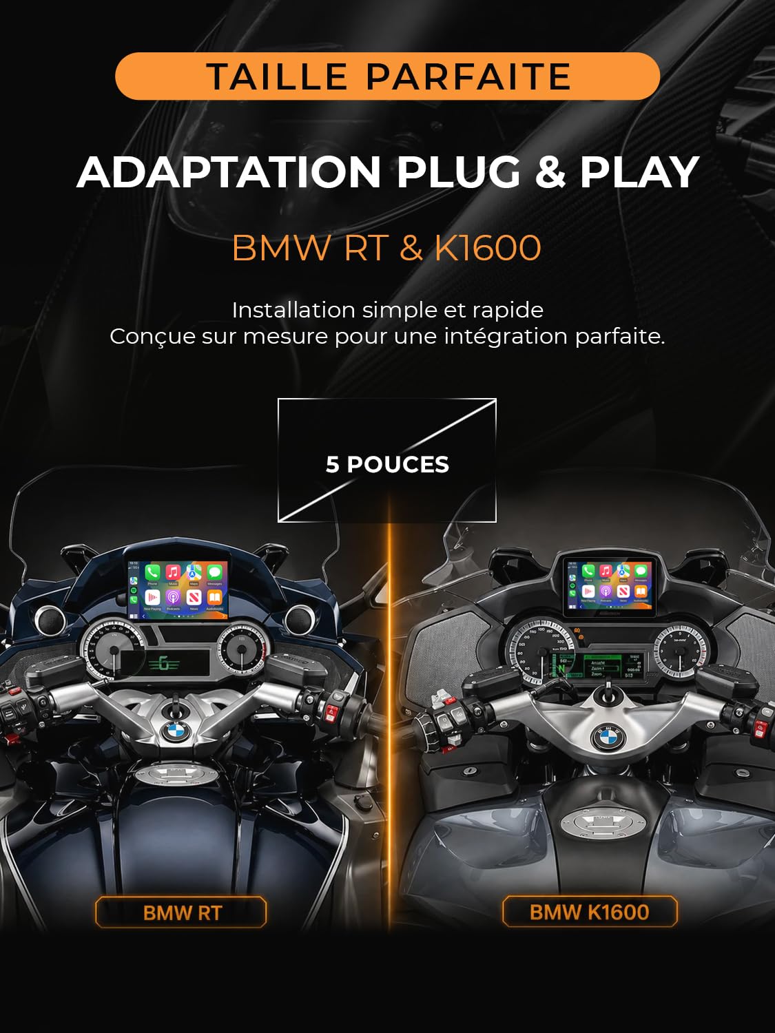 Kraft 5 - Écran Carplay pour Motos BMW RT/K16, CarPlay et Android Auto, Plug & Play | Plug and Play, écran tactile étanche, navigation GPS