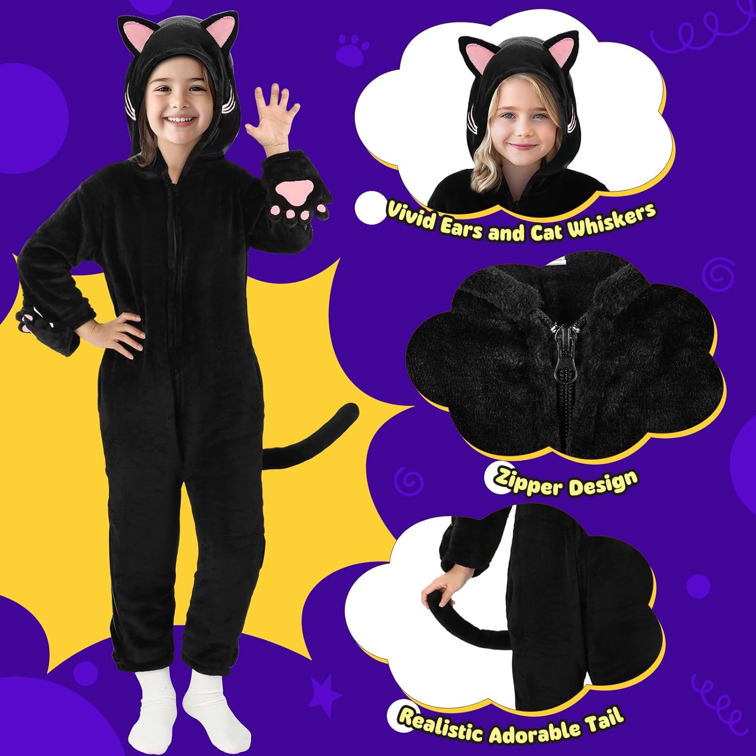 Joycover Cat Costume For Girls, Black Cat Costume For Girls Kids Dress Up, Onesie Cat Noir, Role Play Halloween Costumes - Image 3