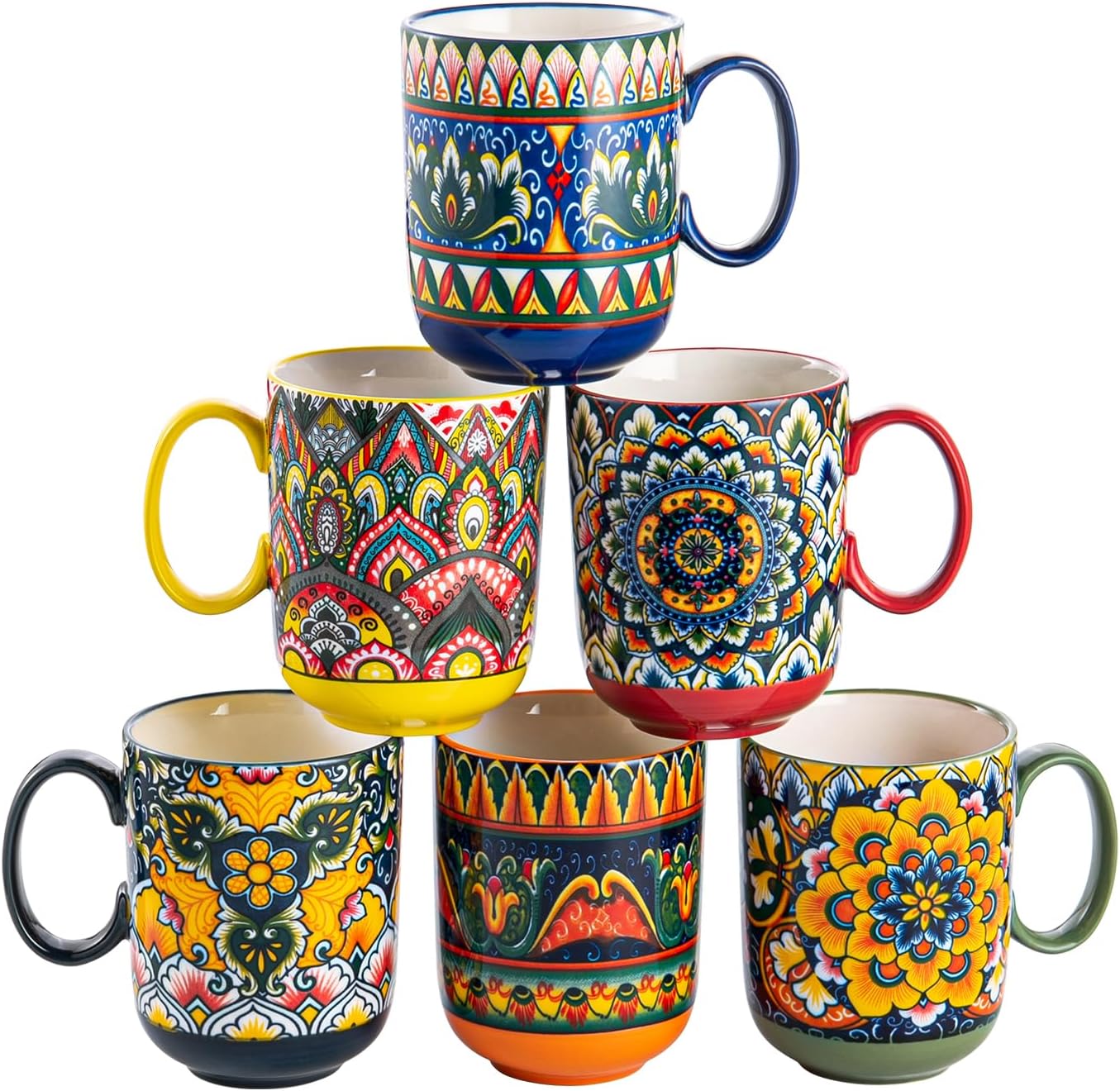 Henten Home Porcelain Coffee Mug Set of 6, 14 oz Colorful Latte Cup with Handle, Boho Ceramic Mug for Hot Chocolate, Milk, Tea, Cappuccino, Cocoa, Microwave & Dishwasher Safe