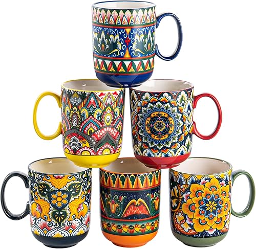 Miniatura 8 de Henten Home Juego de 6 tazas de café de cerámica, 20 onzas, coloridas tazas de café con asa, taza de porcelana bohemia para capuchino, café con