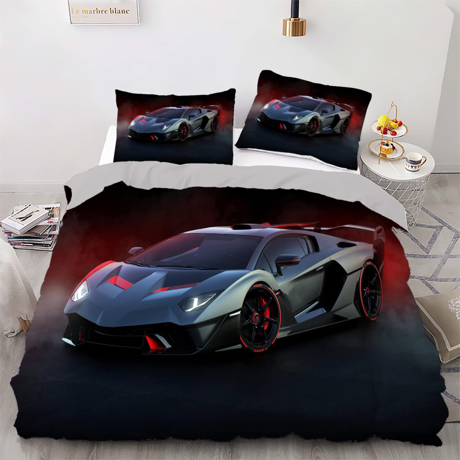 Housse de couette 160x200 fermeture éclair pour lit enfant motif voiture